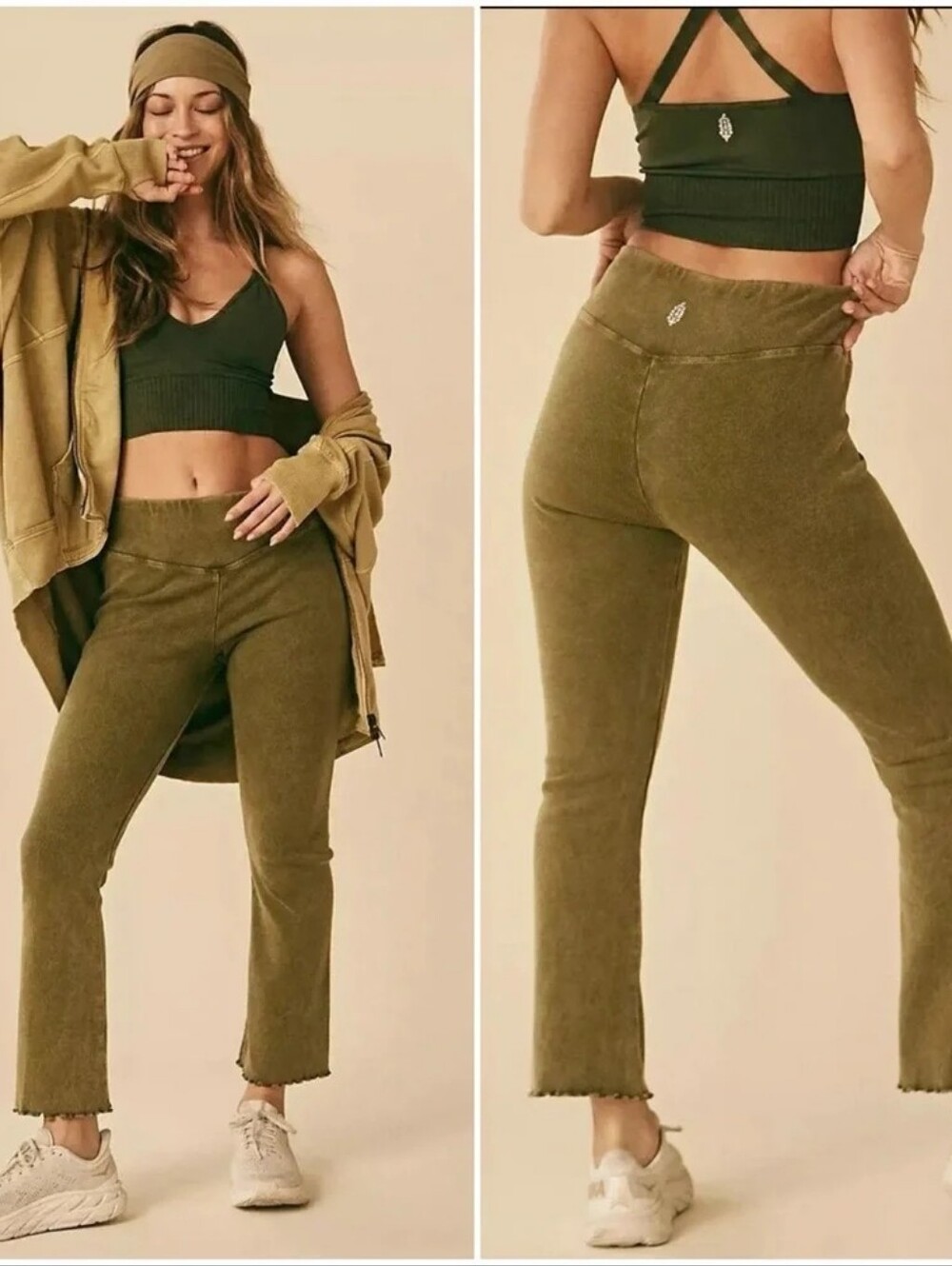 Free People FP Movement Right On Ribbed Flare Pants Patina Sage Mustard Green